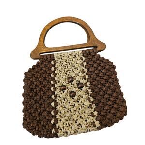 Vintage Macrame Crochet Handbag 2 tone brown Wooden Handle Boho Purse Rustic Bag